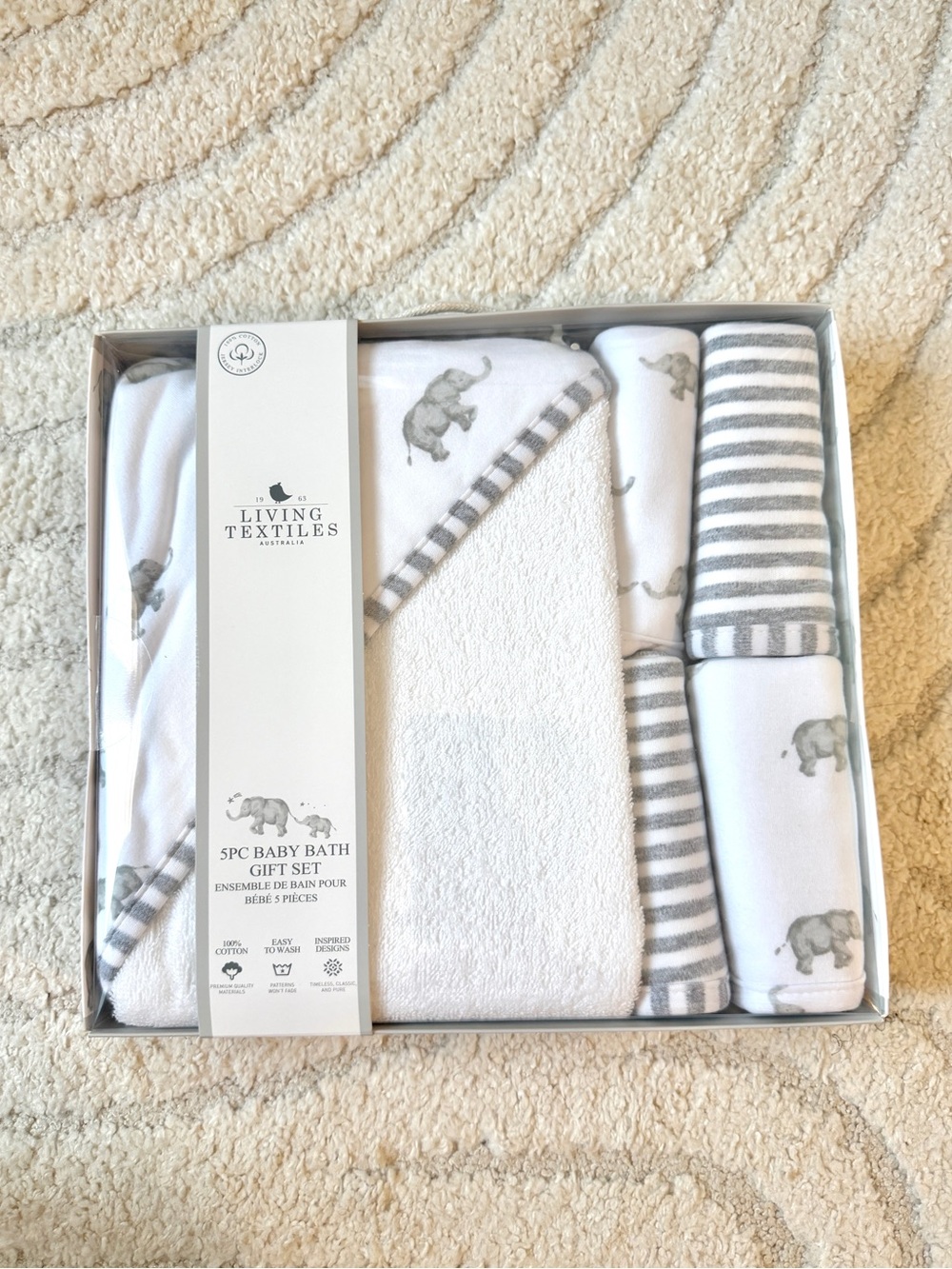 Baby Bath Gift Set - Grey Elephant 5PC Cotton